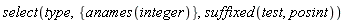 select(type, {anames(integer)}, suffixed(test, posint))