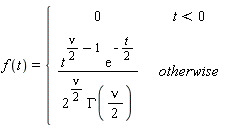 f(t) = piecewise(t < 0, 0, t^((1/2)*nu-1)*exp(-(1/2)*t)/(2^((1/2)*nu)*GAMMA((1/2)*nu)))