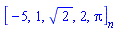 [-5, 1, 2^(1/2), 2, Pi][n]