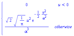 PIECEWISE([0, u < 0], [2^(1/2)*(1/Pi)^(1/2)*u^2*exp(-(1/2)*u^2/alpha^2)/alpha^3, otherwise])