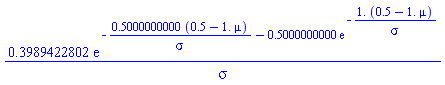 .3989422802*exp(-.5000000000*(.5-1.*mu)/sigma-.5000000000*exp(-1.*(.5-1.*mu)/sigma))/sigma