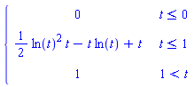 PIECEWISE([0, t <= 0], [(1/2)*ln(t)^2*t-t*ln(t)+t, t <= 1], [1, 1 < t])