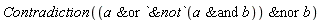 Contradiction(`&nor`(`&or`(a, `&not`(`&and`(a, b))), b))