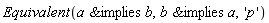 Equivalent(`&implies`(a, b), `&implies`(b, a), 'p')