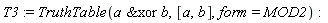 T3 := TruthTable(`&xor`(a, b), [a, b], form = MOD2)