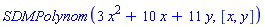 SDMPolynom(3*x^2+10*x+11*y, [x, y])