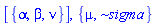 [{alpha, beta, nu}], {mu, `~sigma`}