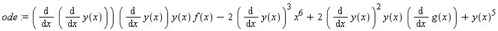 ode := (diff(diff(y(x), x), x))*(diff(y(x), x))*y(x)*f(x)-2*(diff(y(x), x))^3*x^6+2*(diff(y(x), x))^2*y(x)*(diff(g(x), x))+y(x)^5