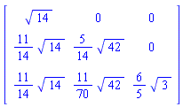 array( 1 .. 3, 1 .. 3, [( 2, 3 ) = (0), ( 1, 2 ) = (0), ( 1, 3 ) = (0), ( 1, 1 ) = (14^(1/2)), ( 2, 2 ) = ((5/14)*42^(1/2)), ( 3, 3 ) = ((6/5)*3^(1/2)), ( 2, 1 ) = ((11/14)*14^(1/2)), ( 3, 1 ) = ((11/14)*14^(1/2)), ( 3, 2 ) = ((11/70)*42^(1/2))  ] )