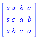 array( 1 .. 3, 1 .. 3, [( 2, 3 ) = (b), ( 1, 2 ) = (b), ( 1, 3 ) = (c), ( 1, 1 ) = (s*a), ( 2, 2 ) = (a), ( 3, 3 ) = (a), ( 2, 1 ) = (s*c), ( 3, 1 ) = (s*b), ( 3, 2 ) = (c)  ] )