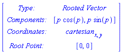 Matrix([[`Type: `, `Rooted Vector`], [`Components: `, [p*cos(p), p*sin(p)]], [`Coordinates: `, cartesian[x, y]], [`Root Point: `, [0, 0]]])