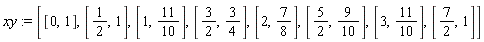 xy := [[0, 1], [1/2, 1], [1, 11/10], [3/2, 3/4], [2, 7/8], [5/2, 9/10], [3, 11/10], [7/2, 1]]