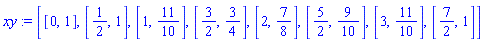 xy := [[0, 1], [1/2, 1], [1, 11/10], [3/2, 3/4], [2, 7/8], [5/2, 9/10], [3, 11/10], [7/2, 1]]