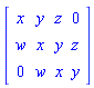 Matrix([[x, y, z, 0], [w, x, y, z], [0, w, x, y]])