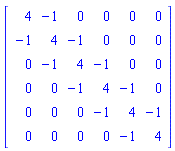 Matrix([[4, -1, 0, 0, 0, 0], [-1, 4, -1, 0, 0, 0], [0, -1, 4, -1, 0, 0], [0, 0, -1, 4, -1, 0], [0, 0, 0, -1, 4, -1], [0, 0, 0, 0, -1, 4]])