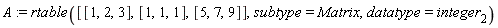 A := rtable([[1, 2, 3], [1, 1, 1], [5, 7, 9]], subtype = Matrix, datatype = integer[2])