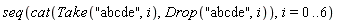 seq(cat(Take("abcde", i), Drop("abcde", i)), i = 0 .. 6)