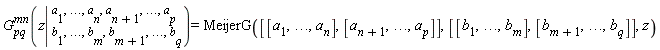 G[pq]^mn(z|( )[b[1], .., b[m],b[m+1], .., b[q]]^(a[1], .., a[n],a[n+1], .., a[p]))=MeijerG([[a[1], .., a[n]],[a[n+1], .., a[p]]],[[b[1], .., b[m]],[b[m+1], .., b[q]]],z)