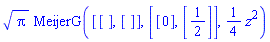 Pi^(1/2)*MeijerG([[], []], [[0], [1/2]], (1/4)*z^2)