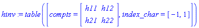 hinv := TABLE([compts = matrix([[h11, h12], [h21, h22]]), index_char = [-1, 1]])