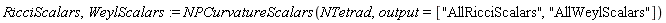 RicciScalars, WeylScalars := NPCurvatureScalars(NTetrad, output = ["AllRicciScalars", "AllWeylScalars"])