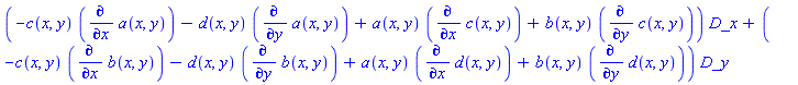 _DG([["vector", M, []], [[[1], -c(x, y)*(diff(a(x, y), x))-d(x, y)*(diff(a(x, y), y))+a(x, y)*(diff(c(x, y), x))+b(x, y)*(diff(c(x, y), y))], [[2], -c(x, y)*(diff(b(x, y), x))-d(x, y)*(diff(b(x, y), y))+a(x, y)*(diff(d(x, y), x))+b(x, y)*(diff(d(x, y), y))]]])