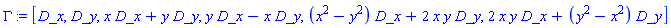 [_DG([["vector", "M", []], [[[1], 1]]]), _DG([["vector", "M", []], [[[2], 1]]]), _DG([["vector", "M", []], [[[1], x], [[2], y]]]), _DG([["vector", "M", []], [[[1], y], [[2], -x]]]), _DG([["vector", "M", []], [[[1], x^2-y^2], [[2], 2*x*y]]]), _DG([["vector", "M", []], [[[1], 2*x*y], [[2], y^2-x^2]]])]