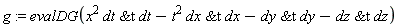 g := evalDG(x^2*`&t`(dt, dt)-t^2*`&t`(dx, dx)-`&t`(dy, dy)-`&t`(dz, dz))