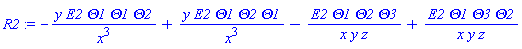 R2 := -y*E2*Theta1*Theta1*Theta2/x^3+y*E2*Theta1*Theta2*Theta1/x^3-E2*Theta1*Theta2*Theta3/(x*y*z)+E2*Theta1*Theta3*Theta2/(x*y*z)