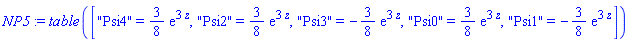 table( [( "Psi4" ) = (3/8)*exp(3*z), ( "Psi2" ) = (3/8)*exp(3*z), ( "Psi3" ) = -(3/8)*exp(3*z), ( "Psi0" ) = (3/8)*exp(3*z), ( "Psi1" ) = -(3/8)*exp(3*z) ] )