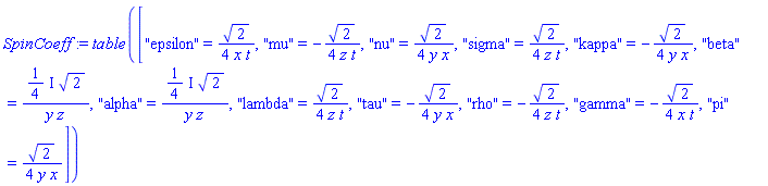 SpinCoeff := TABLE(["epsilon" = 2^(1/2)/(4*x*t), "mu" = -2^(1/2)/(4*z*t), "nu" = 2^(1/2)/(4*y*x), "sigma" = 2^(1/2)/(4*z*t), "kappa" = -2^(1/2)/(4*y*x), "beta" = ((1/4)*I)*2^(1/2)/(y*z), "alpha" = ((1/4)*I)*2^(1/2)/(y*z), "lambda" = 2^(1/2)/(4*z*t), "tau" = -2^(1/2)/(4*y*x), "rho" = -2^(1/2)/(4*z*t), "gamma" = -2^(1/2)/(4*x*t), "pi" = 2^(1/2)/(4*y*x)])