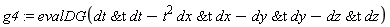 g4 := evalDG(`&t`(dt, dt)-t^2*`&t`(dx, dx)-`&t`(dy, dy)-`&t`(dz, dz))