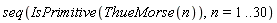 seq(IsPrimitive(ThueMorse(n)), n = 1 .. 30)
