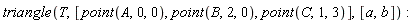 triangle(T, [point(A, 0, 0), point(B, 2, 0), point(C, 1, 3)], [a, b])