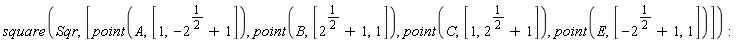 square(Sqr, [point(A, [1, -2^(1/2)+1]), point(B, [2^(1/2)+1, 1]), point(C, [1, 2^(1/2)+1]), point(E, [-2^(1/2)+1, 1])])