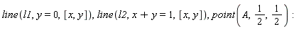 line(l1, y = 0, [x, y]), line(l2, x+y = 1, [x, y]), point(A, 1/2, 1/2)