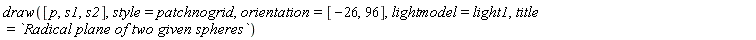 draw([p, s1, s2], style = patchnogrid, orientation = [-26, 96], lightmodel = light1, title = `Radical plane of two given spheres`)