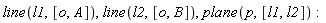 line(l1, [o, A]), line(l2, [o, B]), plane(p, [l1, l2])