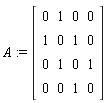 A := Matrix(4, 4, {(1, 1) = 0, (1, 2) = 1, (1, 3) = 0, (1, 4) = 0, (2, 1) = 1, (2, 2) = 0, (2, 3) = 1, (2, 4) = 0, (3, 1) = 0, (3, 2) = 1, (3, 3) = 0, (3, 4) = 1, (4, 1) = 0, (4, 2) = 0, (4, 3) = 1, (4, 4) = 0})