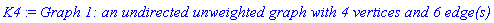 K4 := `Graph 1: an undirected unweighted graph with 4 vertices and 6 edge(s)`