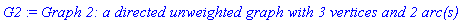 G2 := `Graph 2: a directed unweighted graph with 3 vertices and 2 arc(s)`