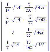 matrix([[(1/14)*14^(1/2), (5/231)*462^(1/2)], [(3/14)*14^(1/2), -(2/77)*462^(1/2)], [0, (1/66)*462^(1/2)], [(1/7)*14^(1/2), (13/462)*462^(1/2)]])