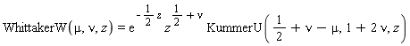 WhittakerW(mu, nu, z) = exp(-(1/2)*z)*z^(1/2+nu)*KummerU(1/2+nu-mu, 1+2*nu, z)