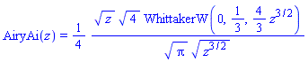 AiryAi(z) = (1/4)*z^(1/2)*4^(1/2)*WhittakerW(0, 1/3, (4/3)*z^(3/2))/(Pi^(1/2)*(z^(3/2))^(1/2))