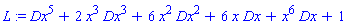 L := Dx^5+2*x^3*Dx^3+6*x^2*Dx^2+6*x*Dx+x^6*Dx+1