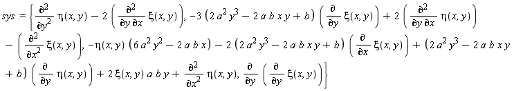 sys := {diff(eta(x, y), y, y)-2*(diff(xi(x, y), y, x)), -(3*(2*a^2*y^3-2*a*b*x*y+b))*(diff(xi(x, y), y))+2*(diff(eta(x, y), y, x))-(diff(xi(x, y), x, x)), -eta(x, y)*(6*a^2*y^2-2*a*b*x)-(2*(2*a^2*y^3-2*a*b*x*y+b))*(diff(xi(x, y), x))+(2*a^2*y^3-2*a*b*x*y+b)*(diff(eta(x, y), y))+2*xi(x, y)*a*b*y+diff(eta(x, y), x, x), diff(diff(xi(x, y), y), y)}