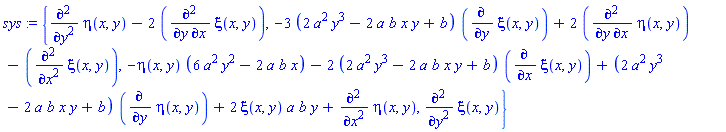 sys := {diff(eta(x, y), `$`(y, 2))-2*(diff(xi(x, y), x, y)), -3*(2*a^2*y^3-2*a*b*x*y+b)*(diff(xi(x, y), y))+2*(diff(eta(x, y), x, y))-(diff(xi(x, y), `$`(x, 2))), -eta(x, y)*(6*a^2*y^2-2*a*b*x)-2*(2*a^2*y^3-2*a*b*x*y+b)*(diff(xi(x, y), x))+(2*a^2*y^3-2*a*b*x*y+b)*(diff(eta(x, y), y))+2*xi(x, y)*a*b*y+diff(eta(x, y), `$`(x, 2)), diff(xi(x, y), `$`(y, 2))}