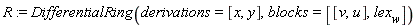 R := DifferentialRing(derivations = [x, y], blocks = [[v, u], lex[w]])