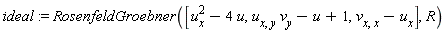 ideal := RosenfeldGroebner([u[x]^2-4*u, u[x, y]*v[y]-u+1, v[x, x]-u[x]], R)