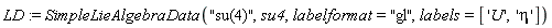 LD := SimpleLieAlgebraData("su(4)", su4, labelformat = "gl", labels = ['U', 'eta'])